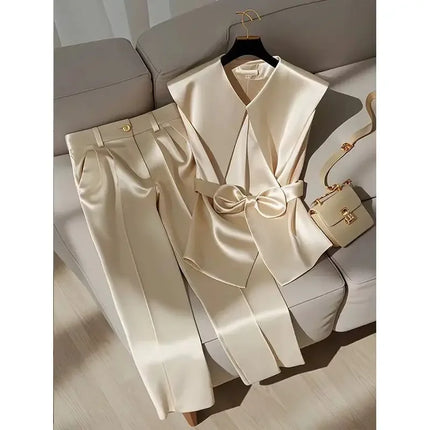 Fashion Satin Celebrity Outfits Elegant OL Peter Pan Collar Bow Sleeveless Vest + High Waist Wide Leg Pants Two Piece Set