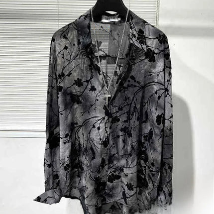 Spring Thin Original Design Trendy Men's Hollow out Iron Free Loose Handsome Shirt Vintage Printed Casual Shirt
