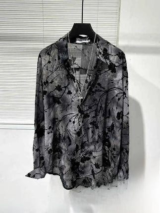 Spring Thin Original Design Trendy Men's Hollow out Iron Free Loose Handsome Shirt Vintage Printed Casual Shirt