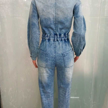 Denim Stretch Overalls Sexy Women Turn Down Collar Elegant Blue Jeans Casual Jumpsuit Romper