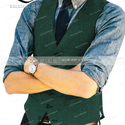 Mens Vests Tweed Herringbone Slim Fit Fashion Men's Suits Vests For Jacket Groomsmen  Waistcoat For Wedding