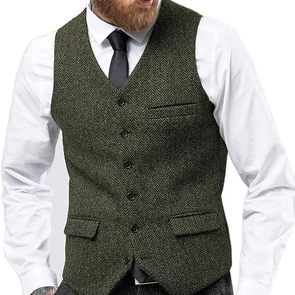 Mens Suit Vest Retro Tweed Wool Regular Fit Waistcoat Herringbone for Jacket Men's Suits Vest