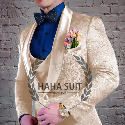Men's Suit Jacquard Wedding Groom Suits Best Man Dinner Engagement Tuxedo Tailored Clothing