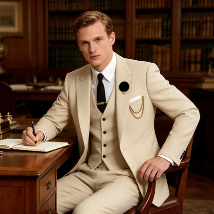 Men's 3-Piece Suit with Black Lapel US Size Formal Tuxedo for Groom Business And Wedding - Jacket Vest And Pants Ensemble