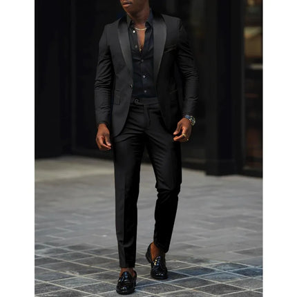 Men's New Fashion 2-Piece Suit Business Casual Slim Fit Single Button Blazer+Trousers Breathable Comfortable Side Slit Outfit