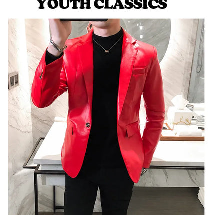 Men Casual Black White Suit Leather Jacket /Men Solid Color Business Suit Collar PU Blazers Dress Coat Fashion /New Men Clothing