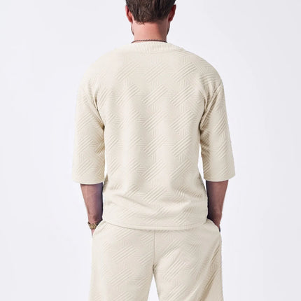 The 2025 new men's summer suit is a casual and versatile solid-color jacquard V-neck short-sleeved T-shirt with two shorts
