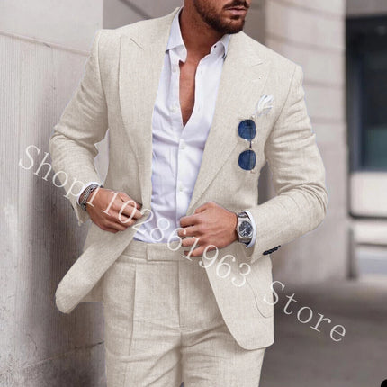 2023 White Linen Suits For Men Slim Fit Peak Lapel 2 Pieces Best Men Groom Wear Wedding Tuxedos Blazer+Pants Trajes De Hombre