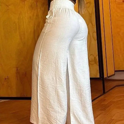 Women's High Waist Wide Leg Pants, Elegant Chain Decor, Black Trousers, Casual Clothes, White, Summer
