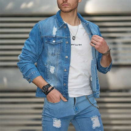 Stylish Holes Distressed Street Men Slim Denim Jacket Coat Male Good Quality Casual Denim Jacket For Men's