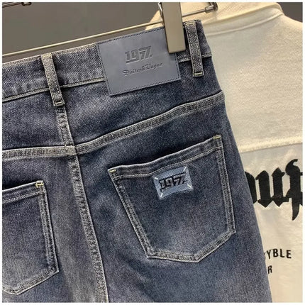Summer Men's Slim Fit Jeans Thin Trendy Loose Straight Leg Elastic Nine Point Pants Versatile Casual Straight Cut Jeans