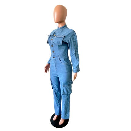 Women's New Autumn and Winter Fashion Elastic Organ Bag Wash Denim Jumpsuit Stand Collar Long Sleeve Denim Bell Bottoms Overalls