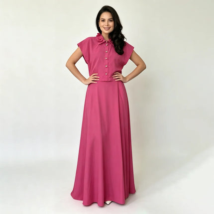 LIMO 2026 New Women's 2 Piece Set, Pink Button Up Shirt + High Waist Maxi Skirt, Elegant Casual Outfit