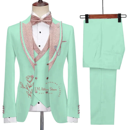 Stylish Men's Suit 3-piece Set Jacket Vest Pants White Slim Fit Pink Shinny Peak Lapel Blazer Wedding Prom Party Custom Tuxedo