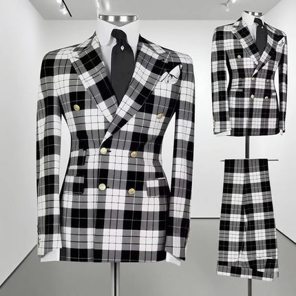 Male Fashion Suits Men Formal Wear Plaid Checked Jacket Pants 2 Piece Sets Man Business Party Attire Customized Groom Tuxedos