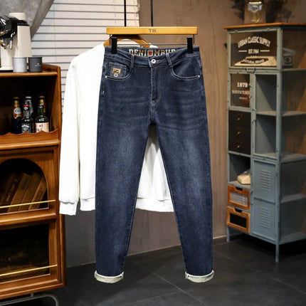 New Embroidery Fashion Straight Jeans Men Stretch Black Blue Slim Fit Pants Comfortable Business Denim Trousers