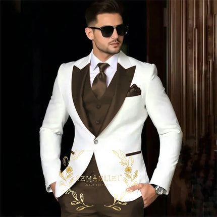 Luxury Men's Suits For Wedding Peak Lapel Slim Fit 3 Piece White Jacket Burgundy Pants Vest Formal Male Clothing Costume Homme