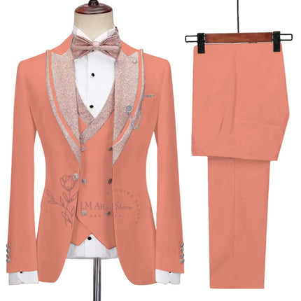 Stylish Men's Suit 3-piece Set Jacket Vest Pants White Slim Fit Pink Shinny Peak Lapel Blazer Wedding Prom Party Custom Tuxedo