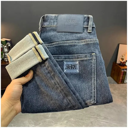 Summer Men's Slim Fit Jeans Thin Trendy Loose Straight Leg Elastic Nine Point Pants Versatile Casual Straight Cut Jeans