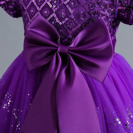 New Purple Girls' 3-12 Year Old Round Neck Trail Party Dress   Sequin Bubble Sleeves Princess Dress Suitable for Kid