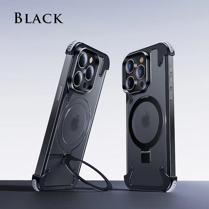 Aluminum Alloy Magnetic Stand Rimless Phone Case For iPhone 13 14 15 16 Pro Max Plus Metal Lens Shell  Frosted Matte Back Cover