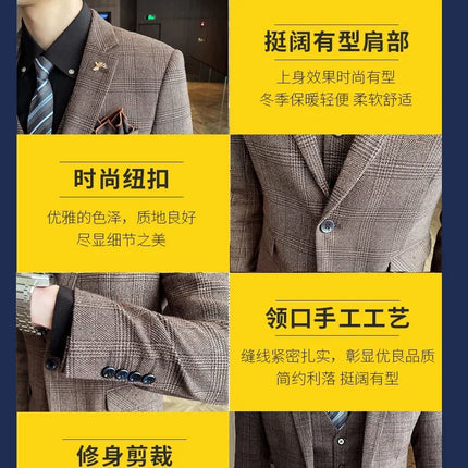 Checkered Suit (Blazer+Vest+Pants) Men's Fashion Hosting Work Business Wedding Casual Linen Art Style Elegant Gentleman's Suit