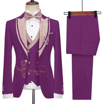 Stylish Men's Suit 3-piece Set Jacket Vest Pants White Slim Fit Pink Shinny Peak Lapel Blazer Wedding Prom Party Custom Tuxedo