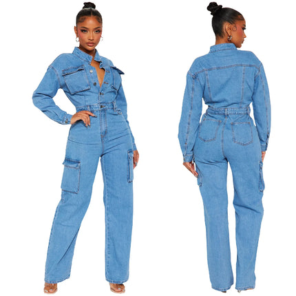 Women's New Autumn and Winter Fashion Elastic Organ Bag Wash Denim Jumpsuit Stand Collar Long Sleeve Denim Bell Bottoms Overalls