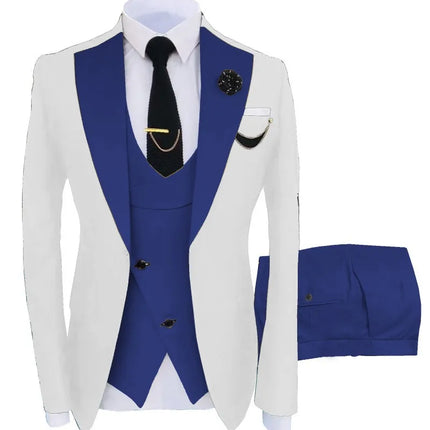 Men Three Piece Suit Sets Turn Down Collar Full Sleeve Blazers Vest Long Pants Slim Fit Ensemble Banquet Evening Splice Spring