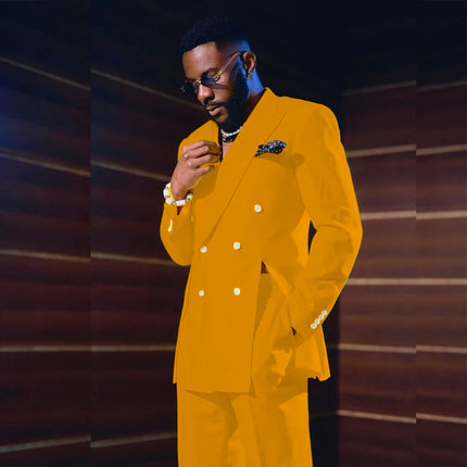 Fashion Yellow Men's Suits Special Style Double Breasted Peaked Lapel Luxury Blazer 2 Piece Jacket Pants Chic Blazer Customized