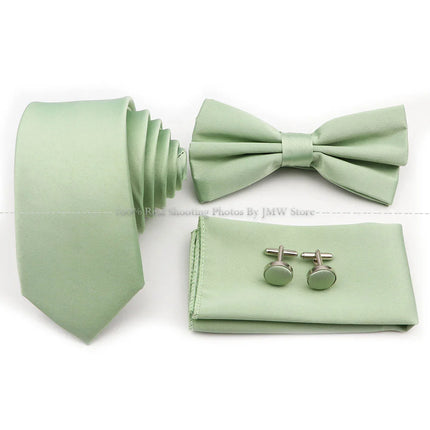 Hot Sale Purple Pink Sage Green Tie Set Polyester Necktie Bowtie Cufflink Brooch For Groom Suit Wedding Cravat Shirt Accessory