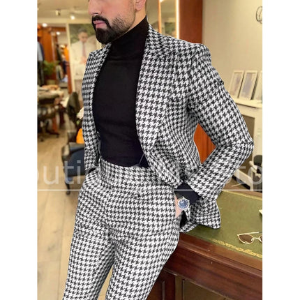 Men's Houndstooth Suit Slim Single Breasted Blazer and Pants Formal Party Prom Wedding Business Casual Male Suit 2 Piece