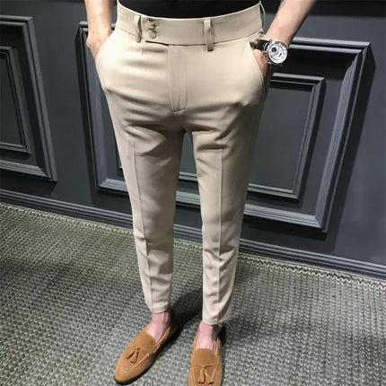 Spring Autumn Men's Slim Fit Korean Style Suit Pants Casual Nine Point Length Trendy White Pants For Office Wear