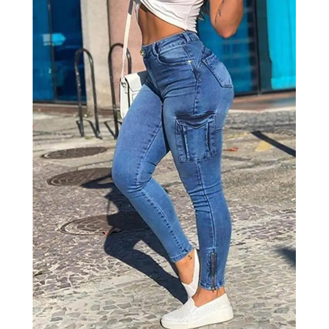 Women's Denim Pants 2024 Summer New Fashion Solid Color Buttoned Pocket Zipper Design High Waist Casual Daily Skinny Jeans