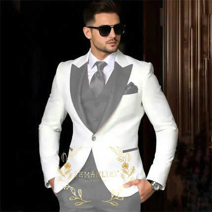Luxury Men's Suits For Wedding Peak Lapel Slim Fit 3 Piece White Jacket Burgundy Pants Vest Formal Male Clothing Costume Homme