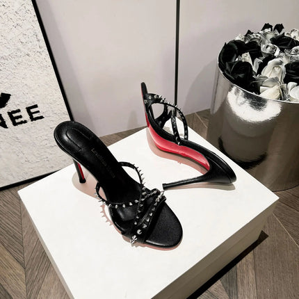 New white high-heeled cool mop with red sole, rivet cross strap, women's pointed toe party essential fashion women's shoes