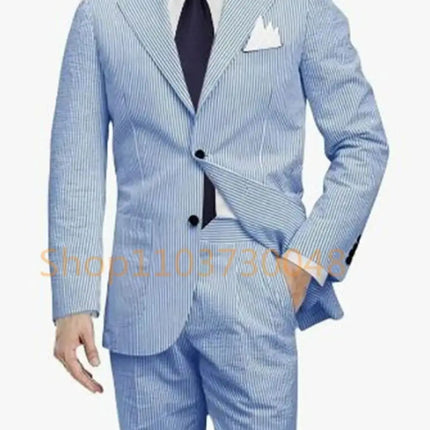 Casual Men's Seersucker Suit Streetwear Elegant Fashion Popular Men Clothes Uniform Blue Striped Well Fitting Formal Blazer Pant