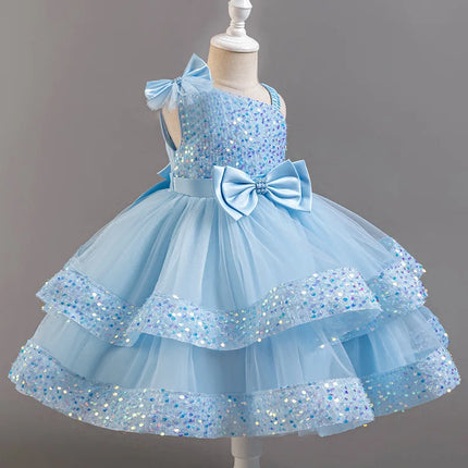 Girl's New Sequined Bow Irregular Collar Mesh Princess Dress Christmas Birthday Party Sweet and Cute Evening Dress