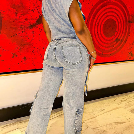 Multi Pockets Jeans Cargo Pants Sexy Women High Waist Elegant Streetwear Denim Casual Straight Trousers