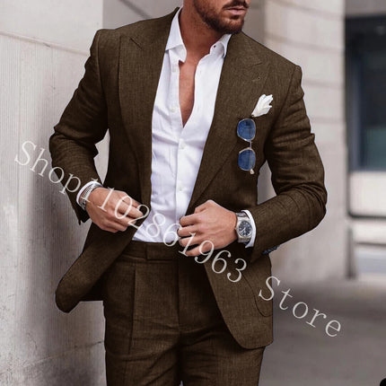 2023 White Linen Suits For Men Slim Fit Peak Lapel 2 Pieces Best Men Groom Wear Wedding Tuxedos Blazer+Pants Trajes De Hombre