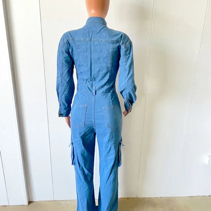 Women's New Autumn and Winter Fashion Elastic Organ Bag Wash Denim Jumpsuit Stand Collar Long Sleeve Denim Bell Bottoms Overalls