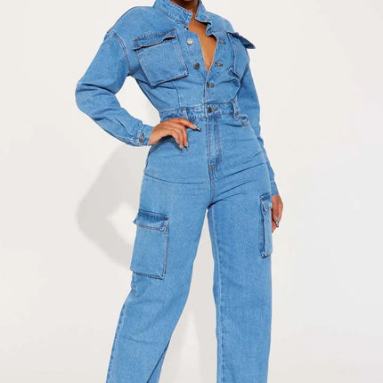 Women's New Autumn and Winter Fashion Elastic Organ Bag Wash Denim Jumpsuit Stand Collar Long Sleeve Denim Bell Bottoms Overalls