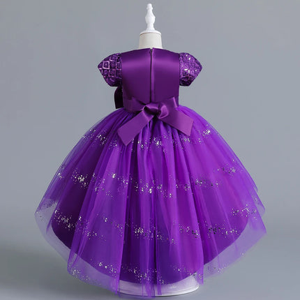 New Purple Girls' 3-12 Year Old Round Neck Trail Party Dress   Sequin Bubble Sleeves Princess Dress Suitable for Kid