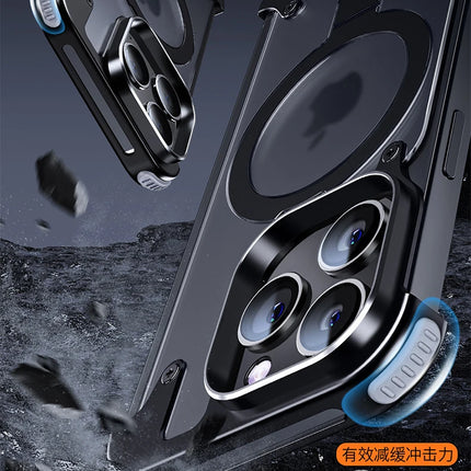Aluminum Alloy Magnetic Stand Rimless Phone Case For iPhone 13 14 15 16 Pro Max Plus Metal Lens Shell  Frosted Matte Back Cover