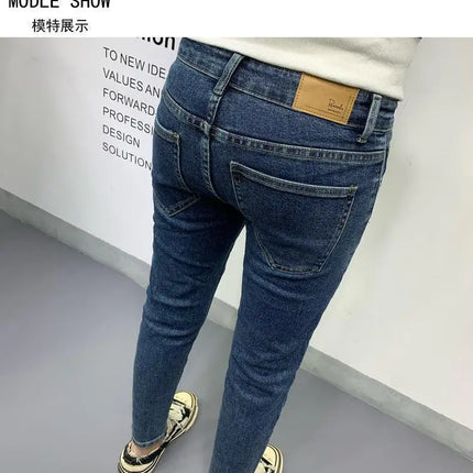 New Men's Slim Denim Jeans Casual Spring and Autumn Stretchy Skinny Pants Korean Style Trendy Cowboy Hip Hop Cropped Trousers