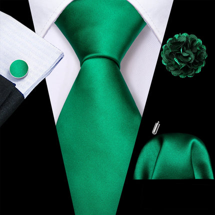 Barry.Wang Solid Silk Mens Tie Hankerchief Cufflinks Brooch Set Jacquard Plain Necktie Corsage For Male Wedding Party Events