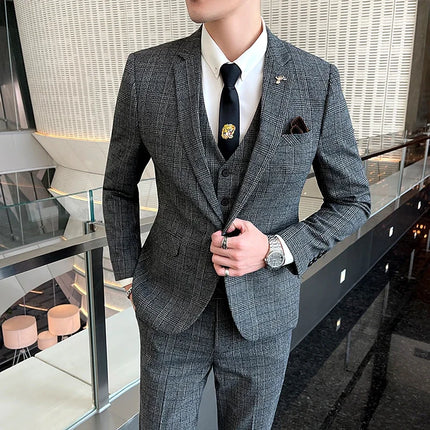 Checkered Suit (Blazer+Vest+Pants) Men's Fashion Hosting Work Business Wedding Casual Linen Art Style Elegant Gentleman's Suit
