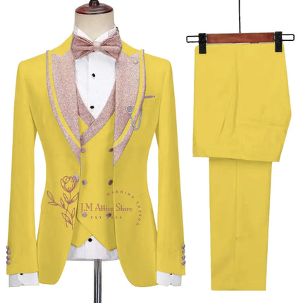 Stylish Men's Suit 3-piece Set Jacket Vest Pants White Slim Fit Pink Shinny Peak Lapel Blazer Wedding Prom Party Custom Tuxedo