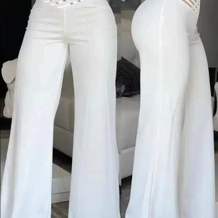 Women's High Waist Wide Leg Pants, Elegant Chain Decor, Black Trousers, Casual Clothes, White, Summer