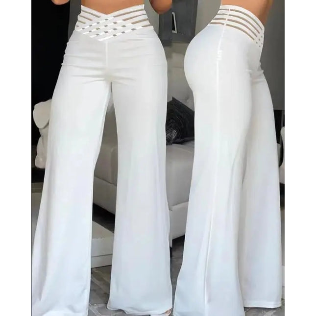 Women's High Waist Wide Leg Pants, Elegant Chain Decor, Black Trousers, Casual Clothes, White, Summer